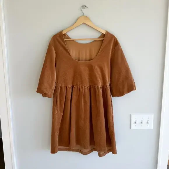 Everlane The Corduroy 3/4 Sleeve Mini Dress Camel Tan XS - Picture 3 of 10